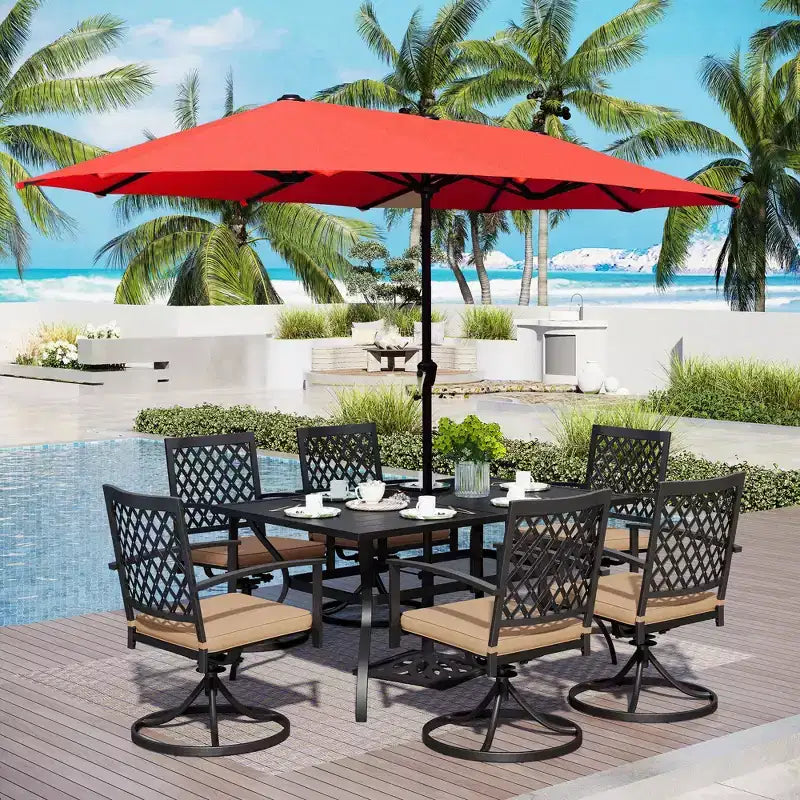 Captiva Designs Table à manger rectangulaire en acier 8 pièces, chaises en acier noir et parasol de marché