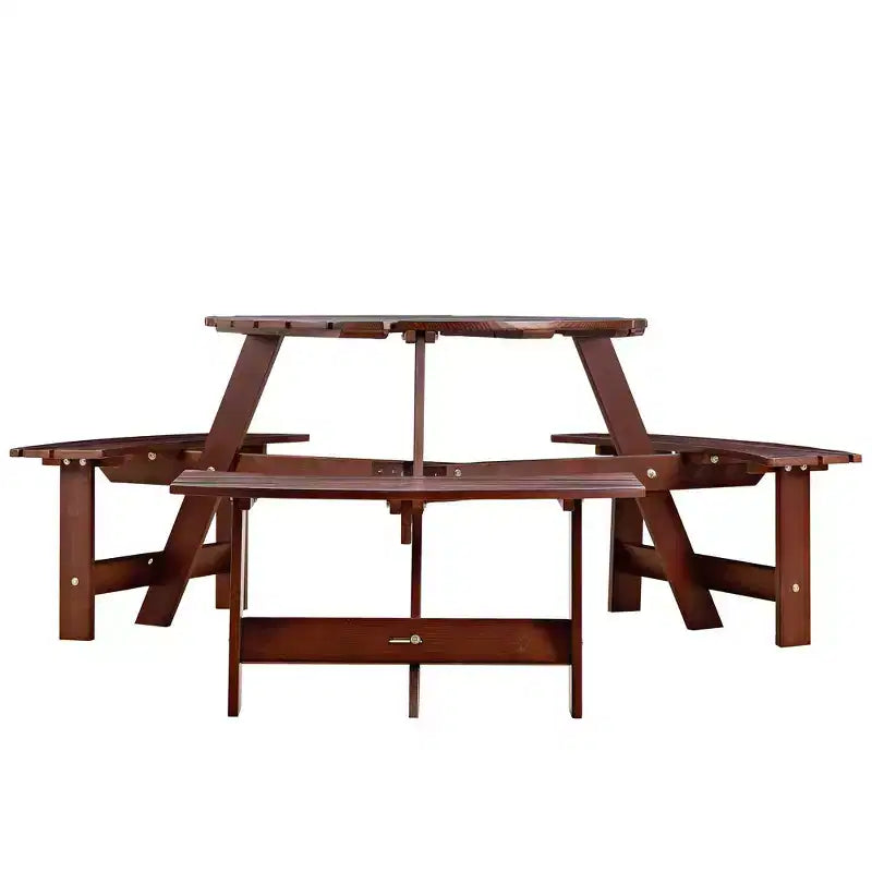 Table de pique-nique ronde Whisen d'extérieur pour 8 personnes, ensemble table et bancs d'extérieur, ensembles de salle à manger de patio avec 4 bancs intégrés, trou pour parasol