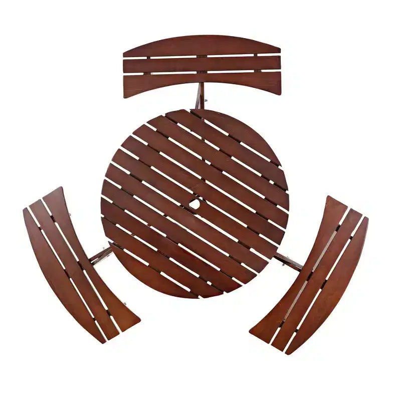 Table de pique-nique ronde Whisen d'extérieur pour 8 personnes, ensemble table et bancs d'extérieur, ensembles de salle à manger de patio avec 4 bancs intégrés, trou pour parasol