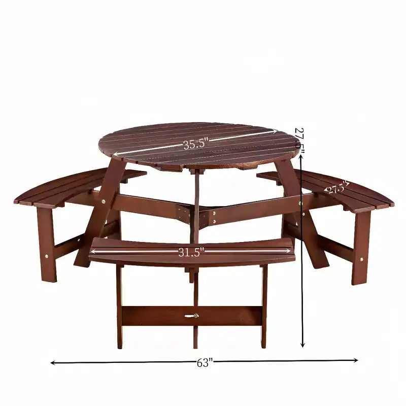 Table de pique-nique ronde Whisen d'extérieur pour 8 personnes, ensemble table et bancs d'extérieur, ensembles de salle à manger de patio avec 4 bancs intégrés, trou pour parasol
