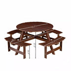 Table de pique-nique ronde Whisen d'extérieur pour 8 personnes, ensemble table et bancs d'extérieur, ensembles de salle à manger de patio avec 4 bancs intégrés, trou pour parasol