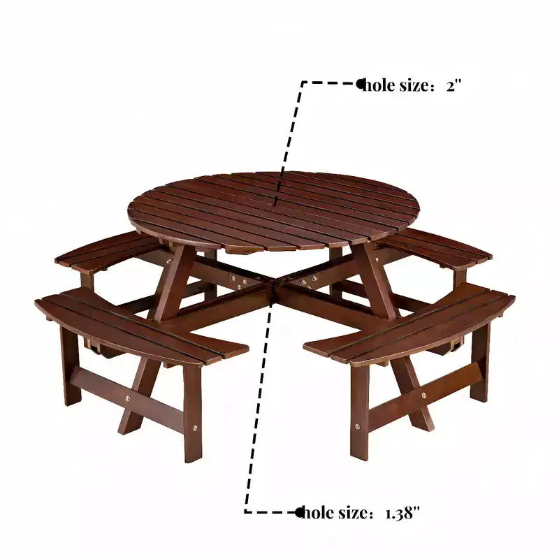 Table de pique-nique ronde Whisen d'extérieur pour 8 personnes, ensemble table et bancs d'extérieur, ensembles de salle à manger de patio avec 4 bancs intégrés, trou pour parasol
