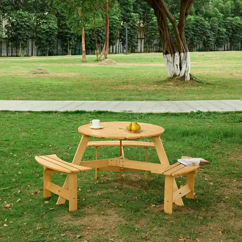 Table de pique-nique ronde Whisen d'extérieur pour 8 personnes, ensemble table et bancs d'extérieur, ensembles de salle à manger de patio avec 4 bancs intégrés, trou pour parasol