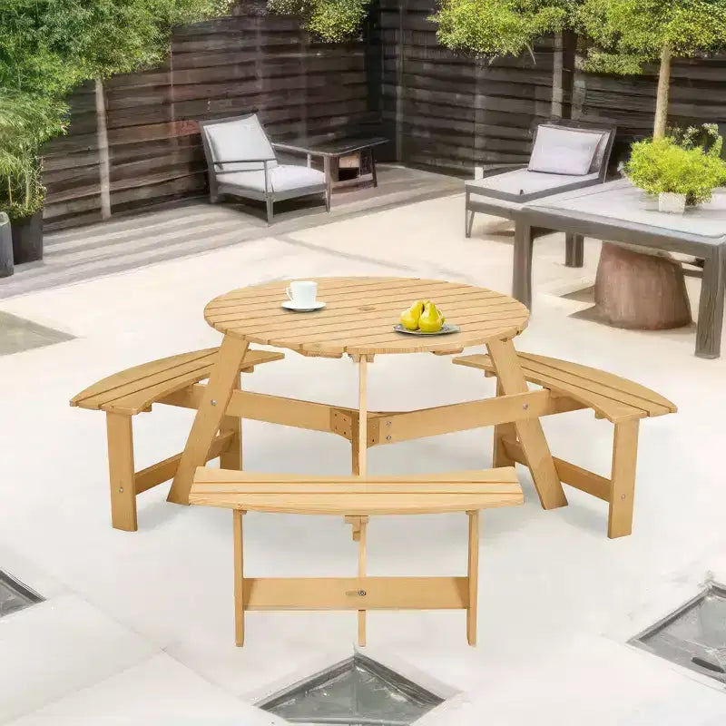Table de pique-nique ronde Whisen d'extérieur pour 8 personnes, ensemble table et bancs d'extérieur, ensembles de salle à manger de patio avec 4 bancs intégrés, trou pour parasol