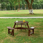 Table de pique-nique ronde Whisen d'extérieur pour 8 personnes, ensemble table et bancs d'extérieur, ensembles de salle à manger de patio avec 4 bancs intégrés, trou pour parasol