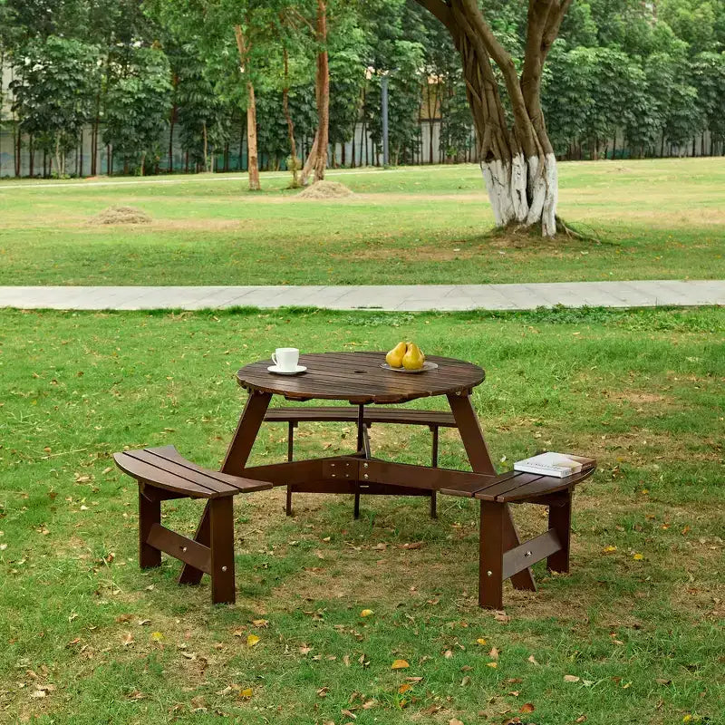 Table de pique-nique ronde Whisen d'extérieur pour 8 personnes, ensemble table et bancs d'extérieur, ensembles de salle à manger de patio avec 4 bancs intégrés, trou pour parasol