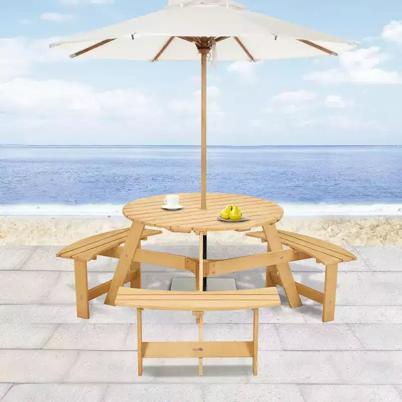 Table de pique-nique ronde Whisen d'extérieur pour 8 personnes, ensemble table et bancs d'extérieur, ensembles de salle à manger de patio avec 4 bancs intégrés, trou pour parasol