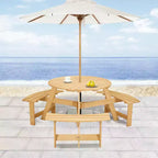 Table de pique-nique ronde Whisen d'extérieur pour 8 personnes, ensemble table et bancs d'extérieur, ensembles de salle à manger de patio avec 4 bancs intégrés, trou pour parasol