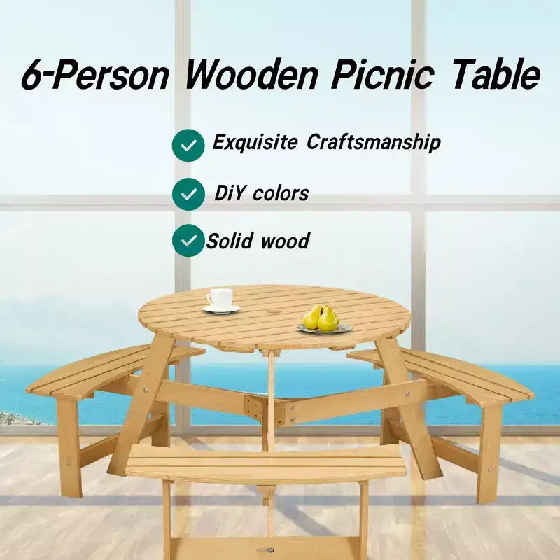 Table de pique-nique ronde Whisen d'extérieur pour 8 personnes, ensemble table et bancs d'extérieur, ensembles de salle à manger de patio avec 4 bancs intégrés, trou pour parasol
