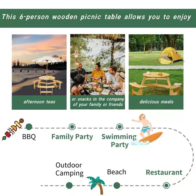 Table de pique-nique ronde Whisen d'extérieur pour 8 personnes, ensemble table et bancs d'extérieur, ensembles de salle à manger de patio avec 4 bancs intégrés, trou pour parasol