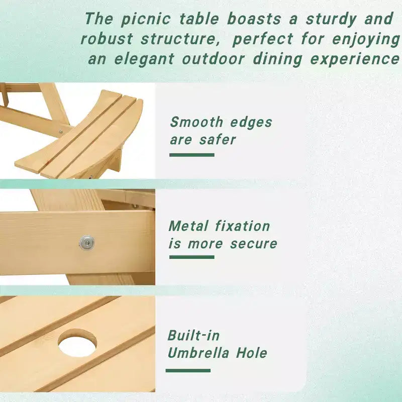 Table de pique-nique ronde Whisen d'extérieur pour 8 personnes, ensemble table et bancs d'extérieur, ensembles de salle à manger de patio avec 4 bancs intégrés, trou pour parasol