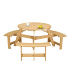 Table de pique-nique ronde Whisen d'extérieur pour 8 personnes, ensemble table et bancs d'extérieur, ensembles de salle à manger de patio avec 4 bancs intégrés, trou pour parasol