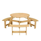 Table de pique-nique ronde Whisen d'extérieur pour 8 personnes, ensemble table et bancs d'extérieur, ensembles de salle à manger de patio avec 4 bancs intégrés, trou pour parasol