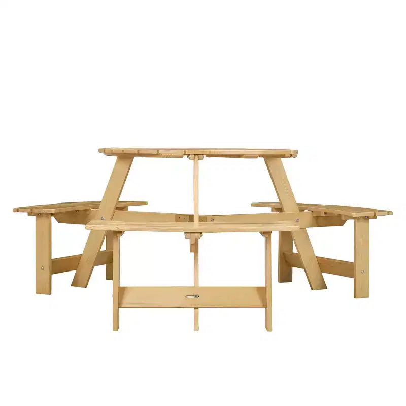 Table de pique-nique ronde Whisen d'extérieur pour 8 personnes, ensemble table et bancs d'extérieur, ensembles de salle à manger de patio avec 4 bancs intégrés, trou pour parasol