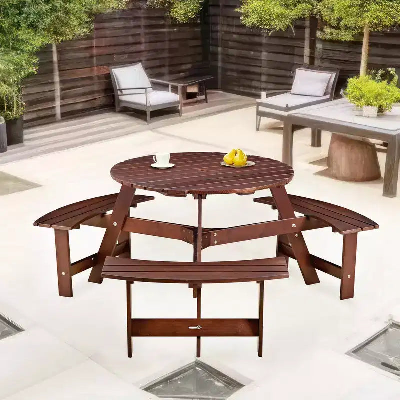 Table de pique-nique ronde Whisen d'extérieur pour 8 personnes, ensemble table et bancs d'extérieur, ensembles de salle à manger de patio avec 4 bancs intégrés, trou pour parasol
