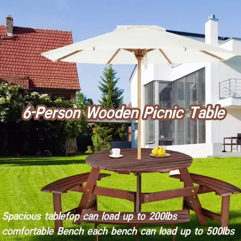 Table de pique-nique ronde Whisen d'extérieur pour 8 personnes, ensemble table et bancs d'extérieur, ensembles de salle à manger de patio avec 4 bancs intégrés, trou pour parasol