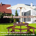 Table de pique-nique ronde Whisen d'extérieur pour 8 personnes, ensemble table et bancs d'extérieur, ensembles de salle à manger de patio avec 4 bancs intégrés, trou pour parasol