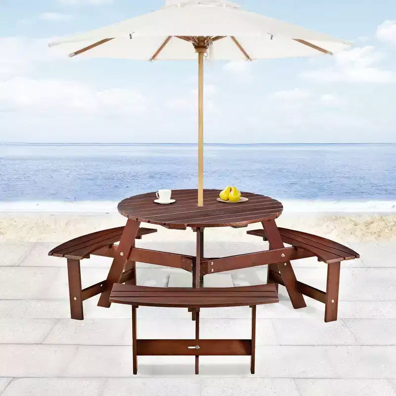 Table de pique-nique ronde Whisen d'extérieur pour 8 personnes, ensemble table et bancs d'extérieur, ensembles de salle à manger de patio avec 4 bancs intégrés, trou pour parasol