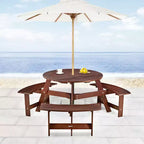 Table de pique-nique ronde Whisen d'extérieur pour 8 personnes, ensemble table et bancs d'extérieur, ensembles de salle à manger de patio avec 4 bancs intégrés, trou pour parasol