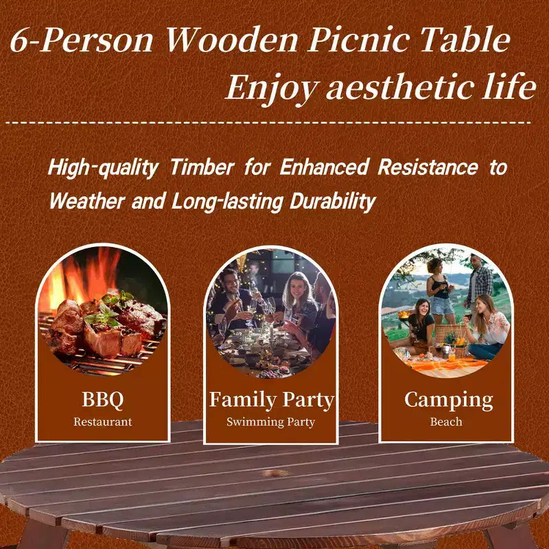 Table de pique-nique ronde Whisen d'extérieur pour 8 personnes, ensemble table et bancs d'extérieur, ensembles de salle à manger de patio avec 4 bancs intégrés, trou pour parasol