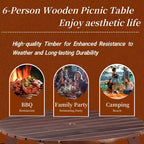 Table de pique-nique ronde Whisen d'extérieur pour 8 personnes, ensemble table et bancs d'extérieur, ensembles de salle à manger de patio avec 4 bancs intégrés, trou pour parasol