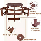 Table de pique-nique ronde Whisen d'extérieur pour 8 personnes, ensemble table et bancs d'extérieur, ensembles de salle à manger de patio avec 4 bancs intégrés, trou pour parasol
