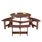Table de pique-nique ronde Whisen d'extérieur pour 8 personnes, ensemble table et bancs d'extérieur, ensembles de salle à manger de patio avec 4 bancs intégrés, trou pour parasol