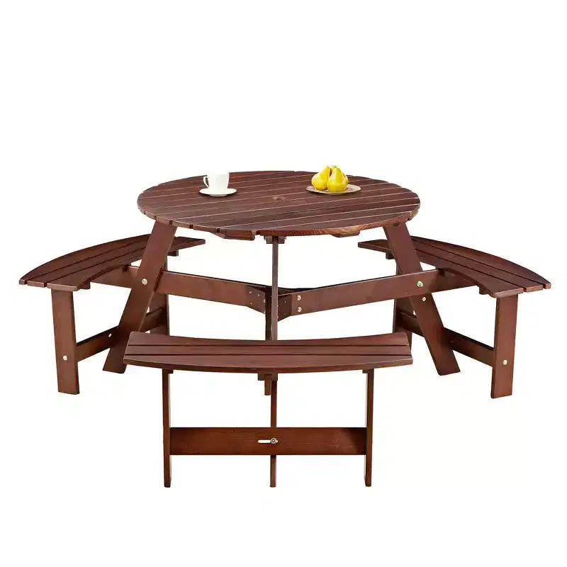 Table de pique-nique ronde Whisen d'extérieur pour 8 personnes, ensemble table et bancs d'extérieur, ensembles de salle à manger de patio avec 4 bancs intégrés, trou pour parasol