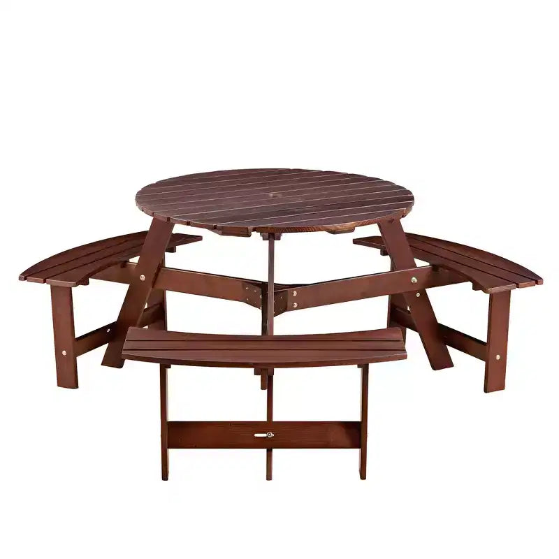 Table de pique-nique ronde Whisen d'extérieur pour 8 personnes, ensemble table et bancs d'extérieur, ensembles de salle à manger de patio avec 4 bancs intégrés, trou pour parasol