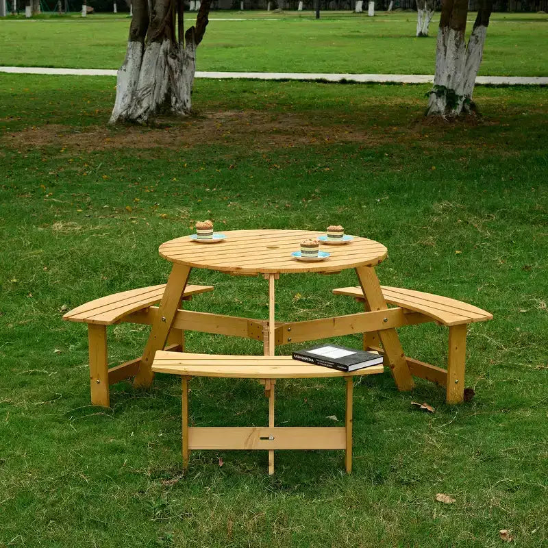 Table de pique-nique ronde Whisen d'extérieur pour 8 personnes, ensemble table et bancs d'extérieur, ensembles de salle à manger de patio avec 4 bancs intégrés, trou pour parasol