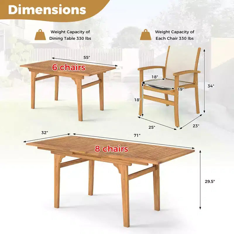 Set da Pranzo da Esterno Costway 9 Pezzi in Legno di Acacia con Foro per Ombrellone da 1,97" per Giardino, Cortile