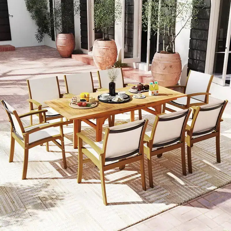 Set da Pranzo da Esterno Costway 9 Pezzi in Legno di Acacia con Foro per Ombrellone da 1,97" per Giardino, Cortile
