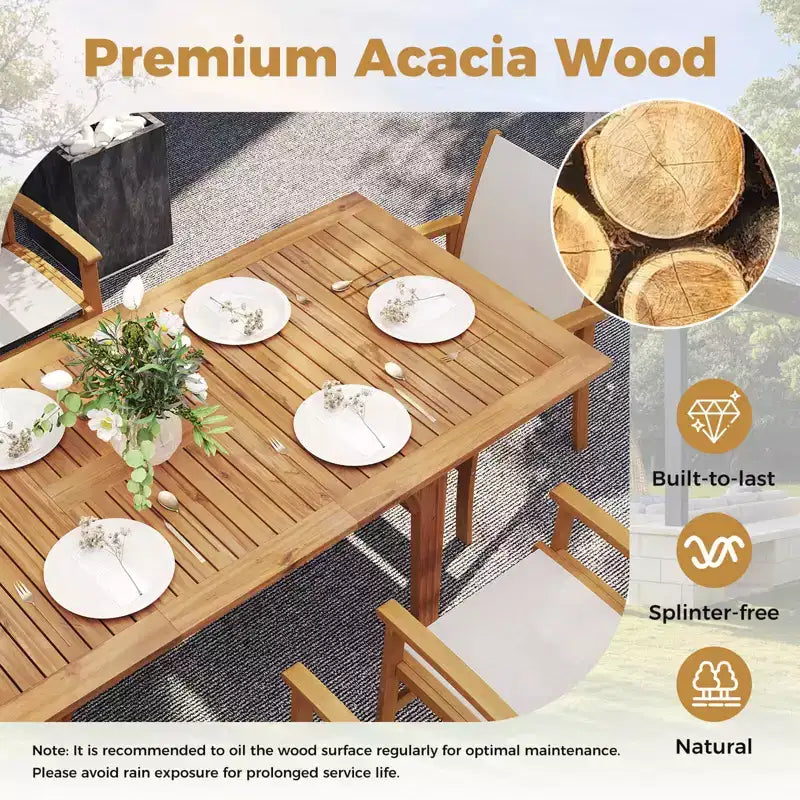 Set da Pranzo da Esterno Costway 9 Pezzi in Legno di Acacia con Foro per Ombrellone da 1,97" per Giardino, Cortile