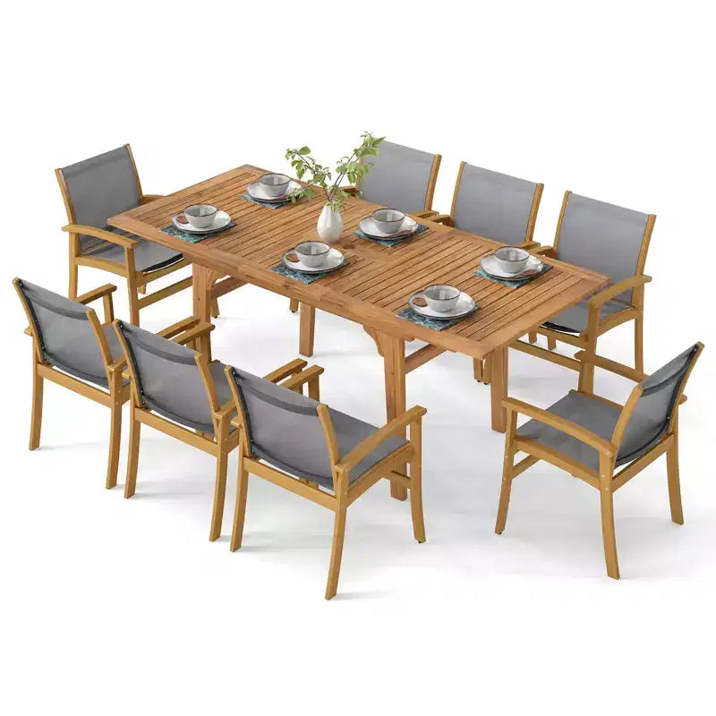 Set da Pranzo da Esterno Costway 9 Pezzi in Legno di Acacia con Foro per Ombrellone da 1,97" per Giardino, Cortile