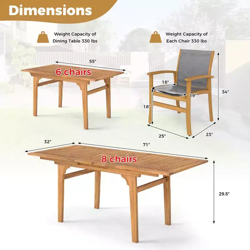 Set da Pranzo da Esterno Costway 9 Pezzi in Legno di Acacia con Foro per Ombrellone da 1,97" per Giardino, Cortile