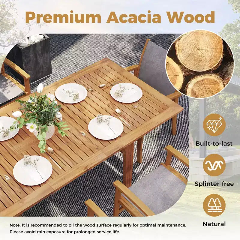 Set da Pranzo da Esterno Costway 9 Pezzi in Legno di Acacia con Foro per Ombrellone da 1,97" per Giardino, Cortile