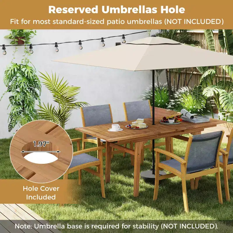 Set da Pranzo da Esterno Costway 9 Pezzi in Legno di Acacia con Foro per Ombrellone da 1,97" per Giardino, Cortile