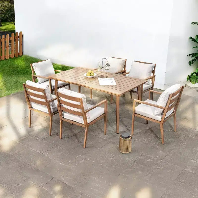 Set da pranzo da esterno HAPPATIO, set da pranzo per patio in alluminio con finitura effetto legno dipinta a mano, facile da montare per cortile, giardino, portico