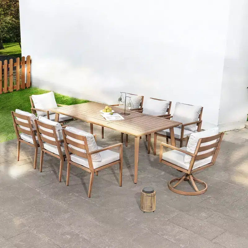 Set da pranzo da esterno HAPPATIO, set da pranzo per patio in alluminio con finitura effetto legno dipinta a mano, facile da montare per cortile, giardino, portico