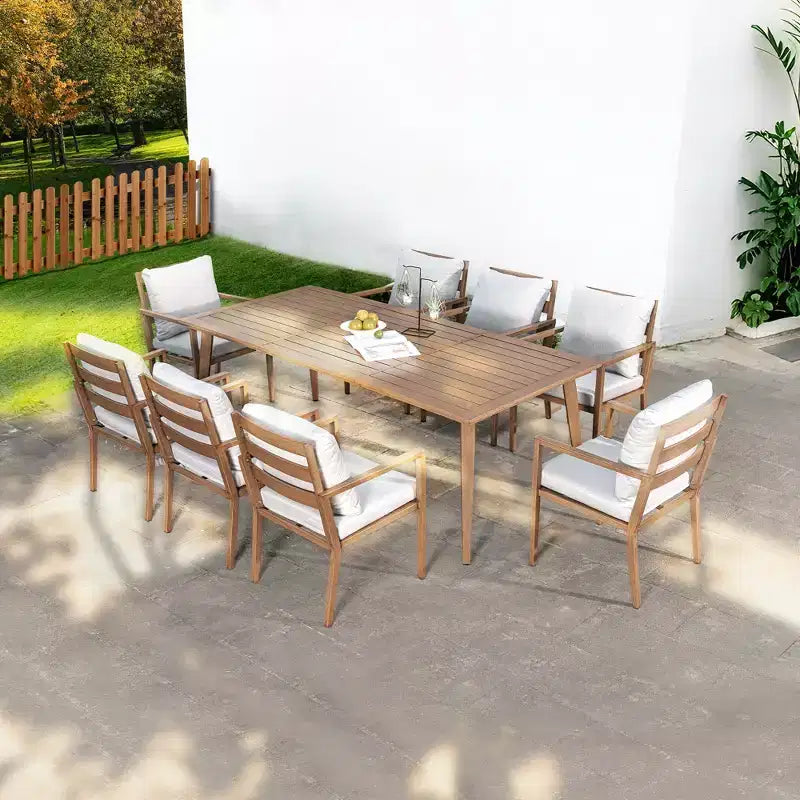 Set da pranzo da esterno HAPPATIO, set da pranzo per patio in alluminio con finitura effetto legno dipinta a mano, facile da montare per cortile, giardino, portico
