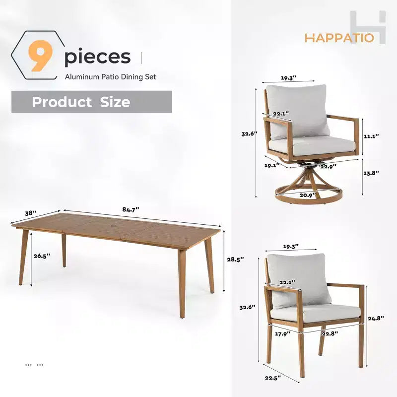 Set da pranzo da esterno HAPPATIO, set da pranzo per patio in alluminio con finitura effetto legno dipinta a mano, facile da montare per cortile, giardino, portico
