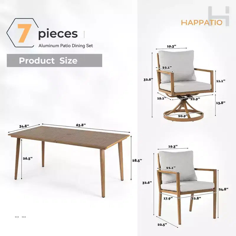 Set da pranzo da esterno HAPPATIO, set da pranzo per patio in alluminio con finitura effetto legno dipinta a mano, facile da montare per cortile, giardino, portico