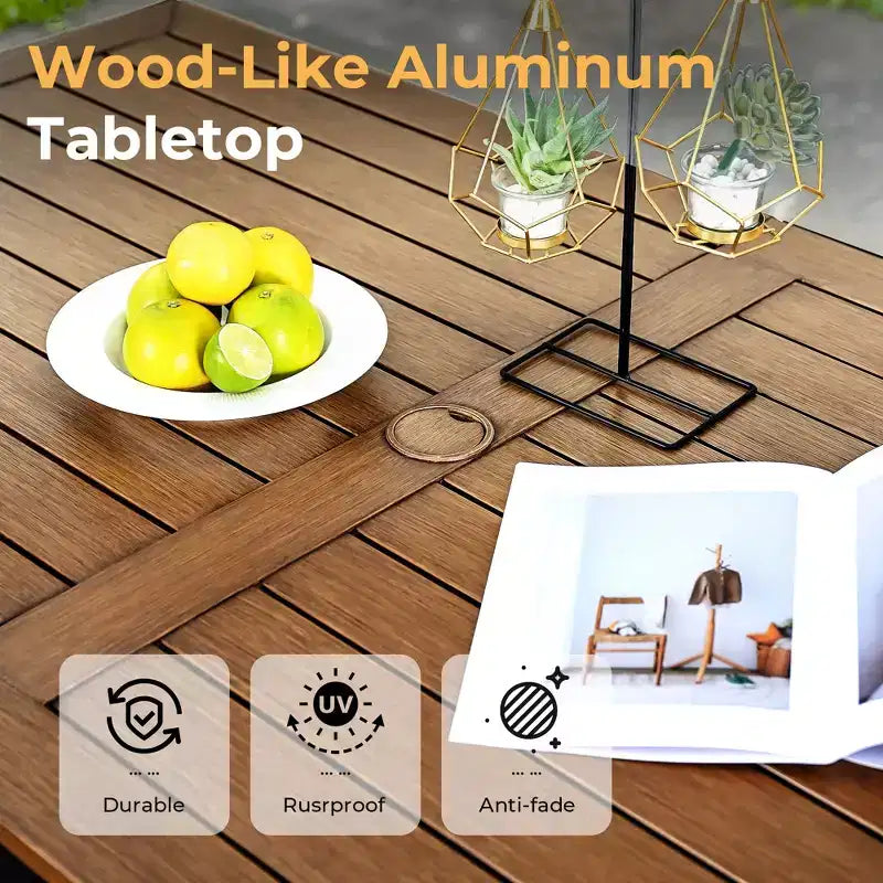 Set da pranzo da esterno HAPPATIO, set da pranzo per patio in alluminio con finitura effetto legno dipinta a mano, facile da montare per cortile, giardino, portico