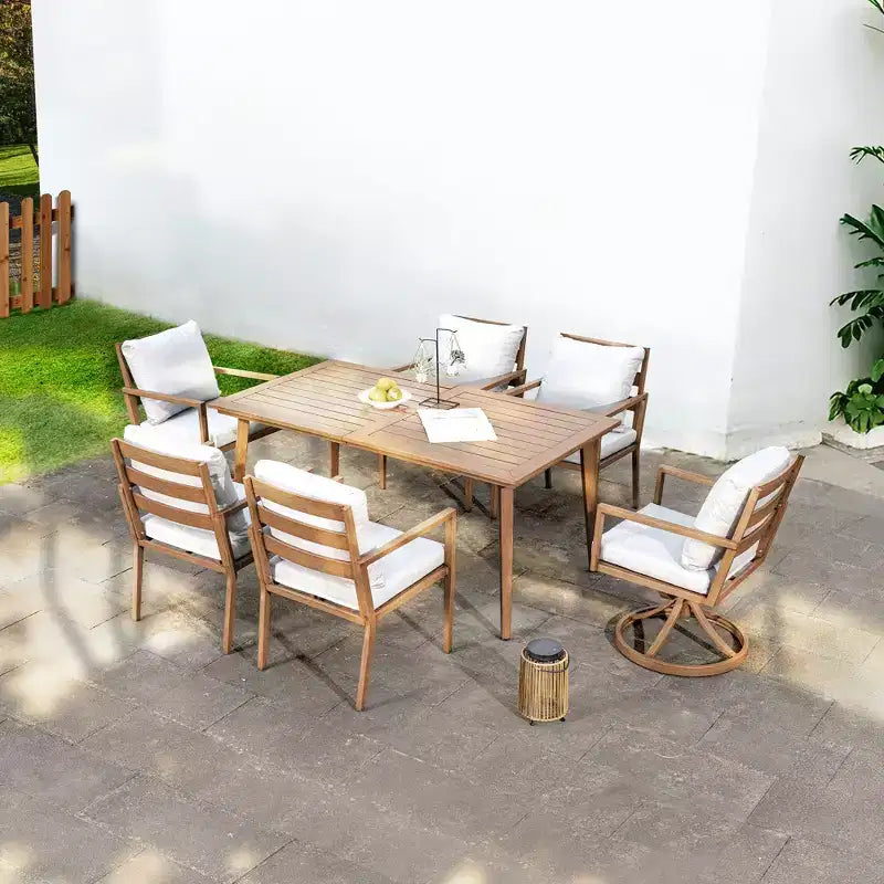 Set da pranzo da esterno HAPPATIO, set da pranzo per patio in alluminio con finitura effetto legno dipinta a mano, facile da montare per cortile, giardino, portico