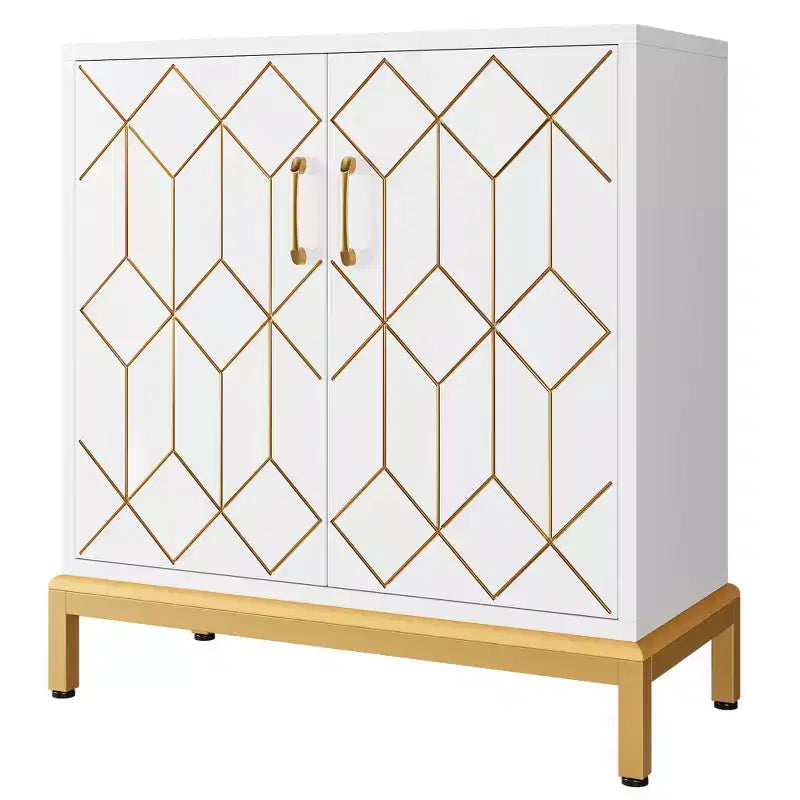Madia moderna con ante e ripiani regolabili, Credenza autoportante con design a linea dorata per soggiorno o ufficio