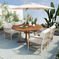 GDFStudio Nicolas Patio 5 Piece Wood and Metal Dining Set with 4 Hand-Woven Rattan Arm Chairs