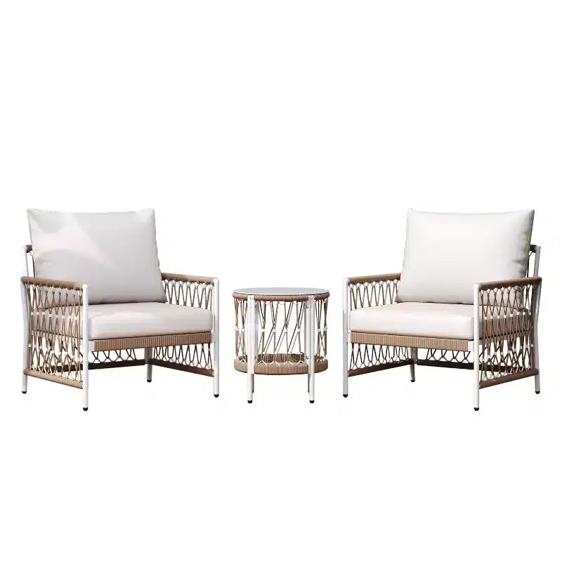 Ensemble de mobilier d'extérieur bohème 3 pièces avec 2 chaises pivotantes et une table en verre, pour le jardin ou le bord de piscine