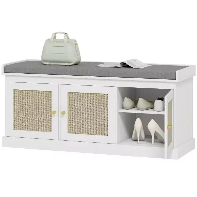 Panca scarpiera in stile rustico con ante in rattan intrecciato, piccola panca da ingresso con cuscino rimovibile in lino per piccoli spazi