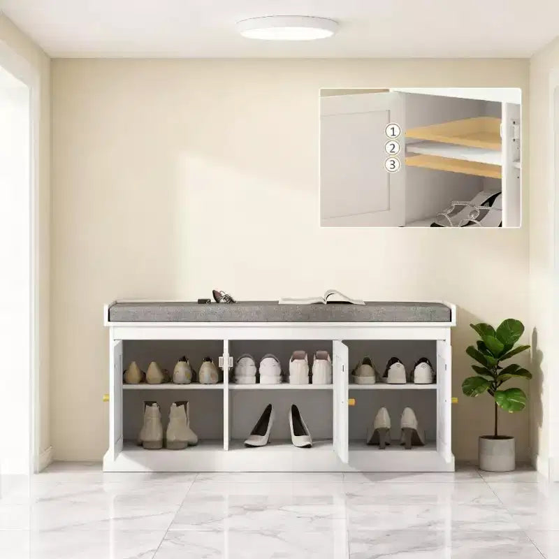 Panca scarpiera in stile rustico con ante in rattan intrecciato, piccola panca da ingresso con cuscino rimovibile in lino per piccoli spazi