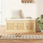 Panca scarpiera in stile rustico con ante in rattan intrecciato, piccola panca da ingresso con cuscino rimovibile in lino per piccoli spazi